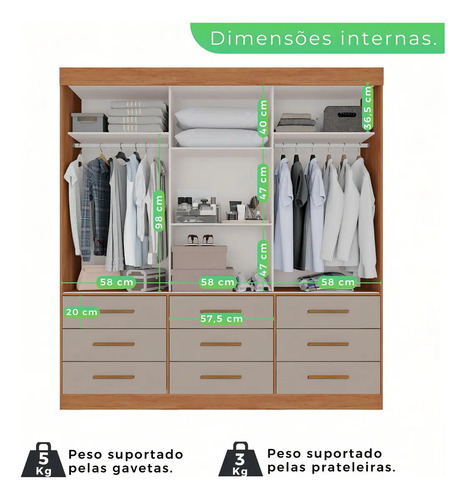 Guarda Roupa Casal 3 Portas 9 Gavetas Luana Sallêto Móveis
