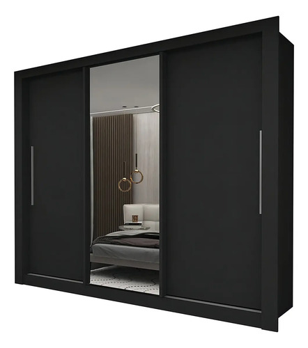 Guarda-roupa Casal 3 Portas Preto com Espelho Milão Yescasa MDF
