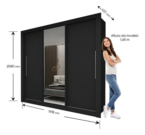 Guarda-roupa Casal 3 Portas Preto com Espelho Milão Yescasa MDF