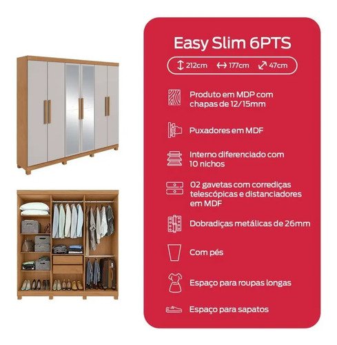 Guarda Roupa Casal 6 Portas Easy Slim Com Espelho E Pés