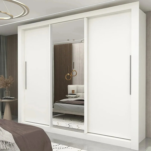 Guarda roupa casal branco 3 portas corredica espelhada milao