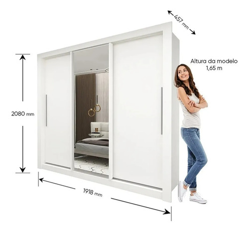 Guarda-roupa Casal Branco 3 Portas Corrediça Espelhada Milão MDF Yescasa