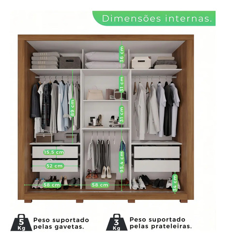 Guarda-roupa Casal Com Espelho 3 Portas 4 Gavetas Sallêto Móveis Costa Rica Cinamomo/Off white