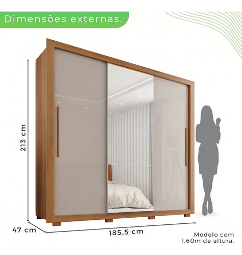 Guarda-roupa Casal Com Espelho 3 Portas 4 Gavetas Sallêto Móveis Costa Rica Cinamomo/Off white