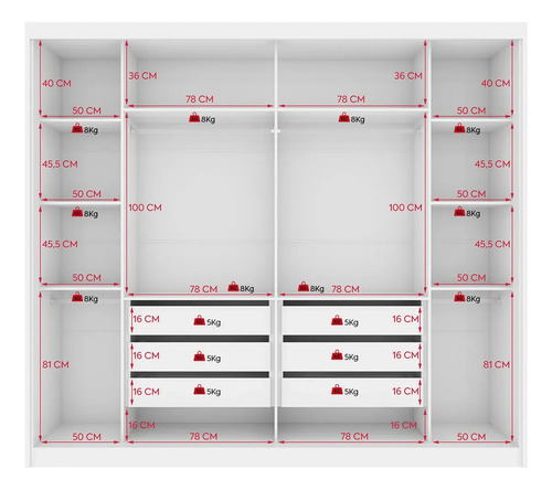 Guarda-roupa Casal MDF 2 Portas Corrediças Branco 6 Gavetas Móveis Lopas