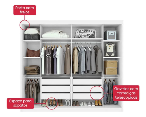 Guarda-roupa Casal MDF 2 Portas Corrediças Branco 6 Gavetas Móveis Lopas