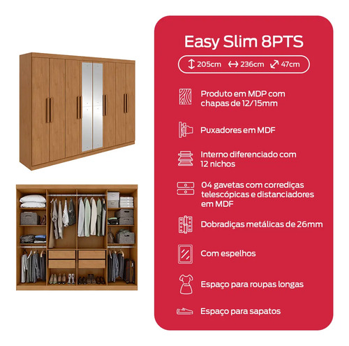 Guarda-Roupa Casal Móveis Lopas Easy Slim 8 Portas Espelho Marrom Moderno
