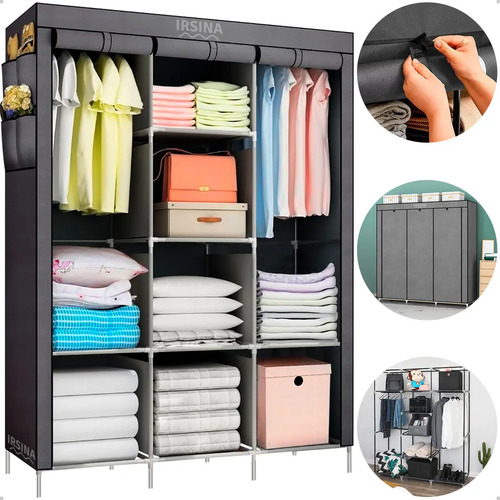 Guarda roupa dobravel irsina colmeia cinza 8 divisoes 3 port