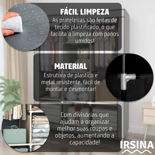 Guarda Roupa Dobrável Irsina Colmeia Cinza 8 Divisões 3 Portas Portátil