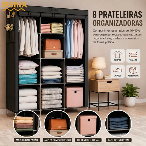 Guarda Roupa Dobrável Irsina Colmeia Cinza 8 Divisões 3 Portas Portátil