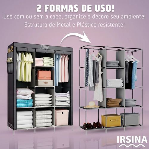 Guarda Roupa Dobrável Irsina Colmeia Cinza 8 Divisões 3 Portas Portátil