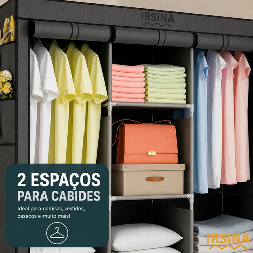 Guarda Roupa Dobrável Irsina Colmeia Cinza 8 Divisões 3 Portas Portátil