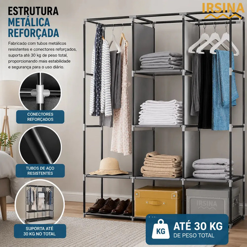 Guarda Roupa Dobrável Irsina Colmeia Cinza 8 Divisões 3 Portas Portátil