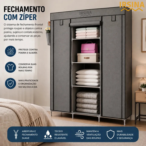 Guarda Roupa Dobrável Irsina Colmeia Cinza 8 Divisões 3 Portas Portátil