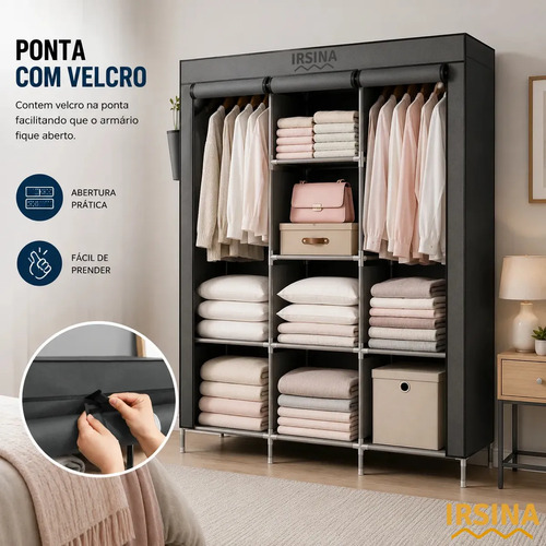 Guarda Roupa Dobrável Irsina Colmeia Cinza 8 Divisões 3 Portas Portátil