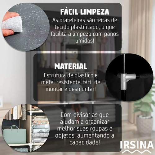 Guarda Roupa Dobrável Organizador Colmeia Preto 8 Prateleiras IRSINA