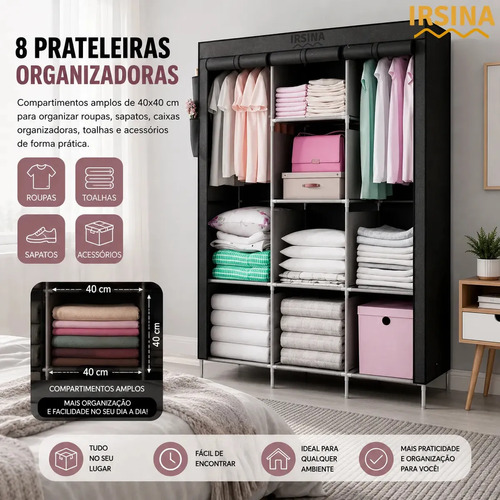 Guarda Roupa Dobrável Organizador Colmeia Preto 8 Prateleiras IRSINA