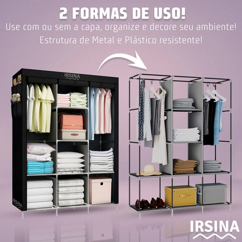 Guarda Roupa Dobrável Organizador Colmeia Preto 8 Prateleiras IRSINA