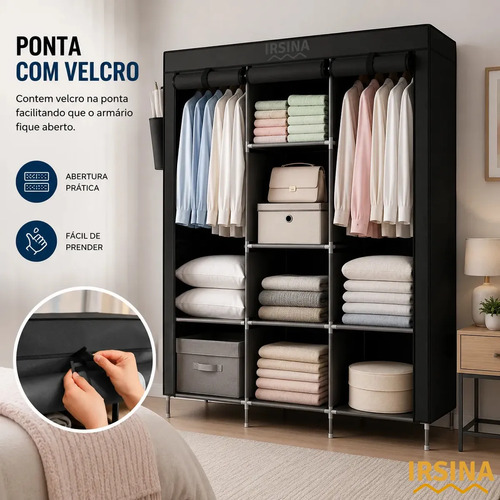 Guarda Roupa Dobrável Organizador Colmeia Preto 8 Prateleiras IRSINA