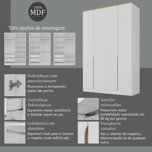 Guarda-roupa Solteiro 4 Portas 2 Gavetas Branco MDF Manbel 56x160,5x232,2 cm