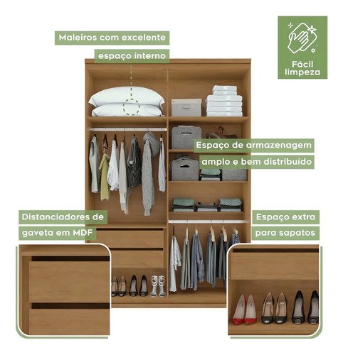Guarda-Roupa Solteiro 4 Portas 2 Gavetas MDF Móveis Lopas Moderno