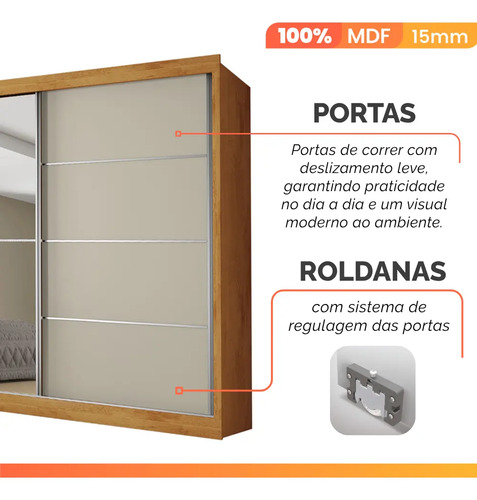 Guarda Roupas Casal 2 Portas Com Espelho 4 Gavetas Austria Madeirado Off White