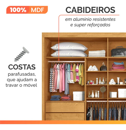 Guarda Roupas Casal 2 Portas Com Espelho 4 Gavetas Austria Madeirado Off White