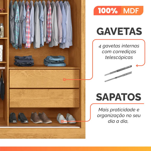 Guarda Roupas Casal 2 Portas Com Espelho 4 Gavetas Austria Madeirado Off White