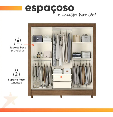 Guarda Roupas Casal 3 Portas Correr 2 Gavetas França Andirá Madeirado Off White