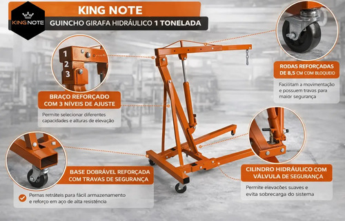 Guincho Hidráulico KN1 King Note de 1 Ton Com Prolongador E Rodas De Ferro cor Laranja
