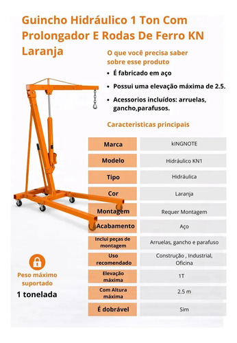 Guincho Hidráulico KN1 King Note de 1 Ton Com Prolongador E Rodas De Ferro cor Laranja