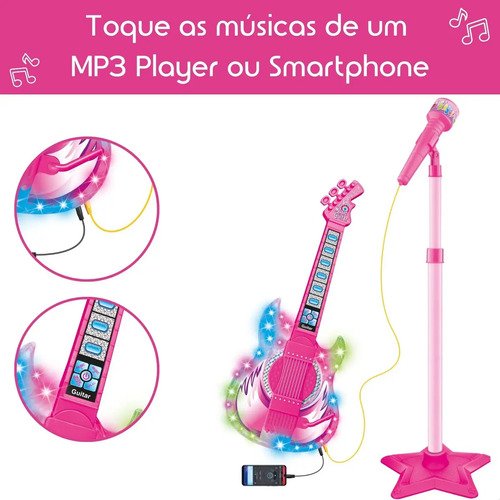 Guitarra E Microfone Infantil Instrumento Brinquedo Musical Cor Rosa Atentu