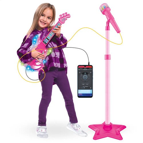 Guitarra E Microfone Infantil Instrumento Brinquedo Musical Cor Rosa Atentu