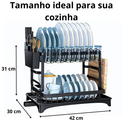 Haosin Escorredor Suporte Organizador De Louças E Pratos 2 Andares Aço Preto Para Pia De Cozinha Moderno