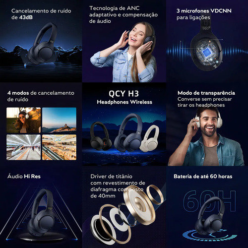 Headset Qcy H3 Anc Adaptativo Bluetooth 5.3 Multiponto 60h Cor Preto