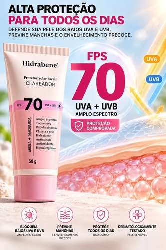 Hidrabene Protetor facial Solar FPS 70 Toque Seco Antissinais Clareia a pele 50g