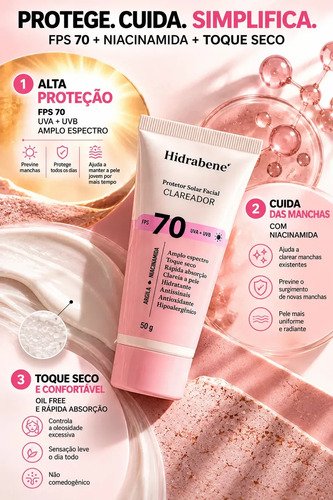 Hidrabene Protetor facial Solar FPS 70 Toque Seco Antissinais Clareia a pele 50g