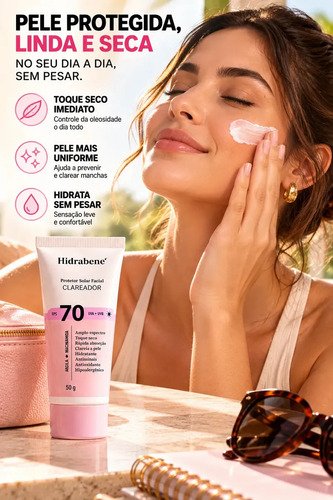 Hidrabene Protetor facial Solar FPS 70 Toque Seco Antissinais Clareia a pele 50g