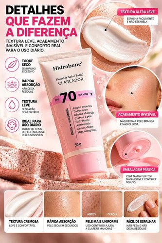 Hidrabene Protetor facial Solar FPS 70 Toque Seco Antissinais Clareia a pele 50g