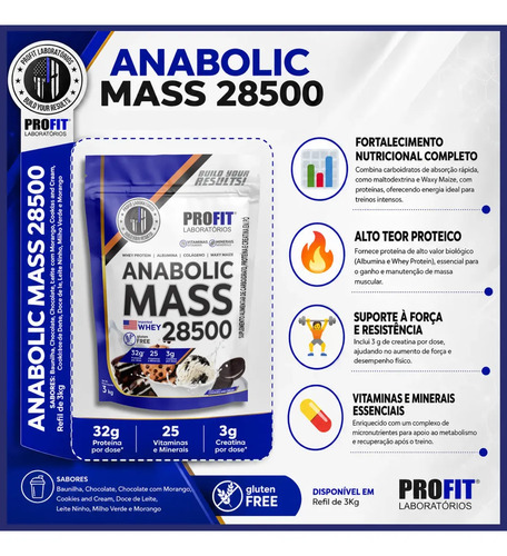 Hipercalórico Anabolic Mass 28500 3kg Profit Labs Cookies And Cream