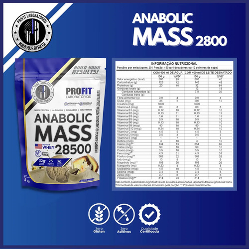 Hipercalórico Anabolic Mass 28500 3kg Profit Labs Sabor Baunilha