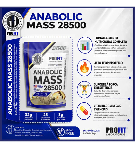 Hipercalórico Anabolic Mass 28500 3kg Profit Labs Sabor Baunilha