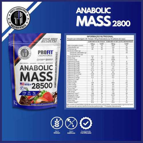 Hipercalórico Anabolic Mass 28500 3kg Profit Labs Sabor Chocolate com Morango