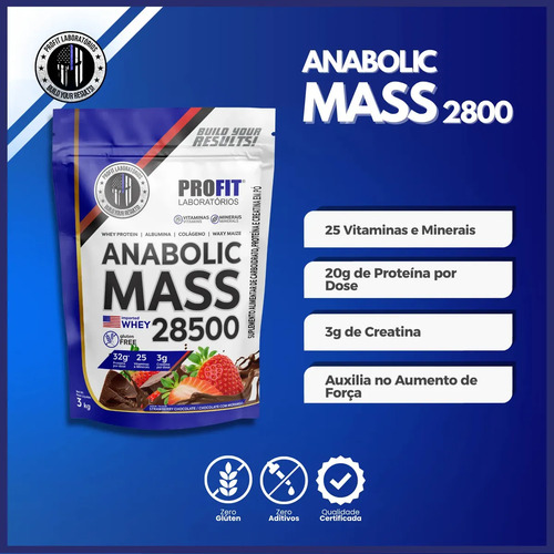 Hipercalórico Anabolic Mass 28500 3kg Profit Labs Sabor Chocolate com Morango