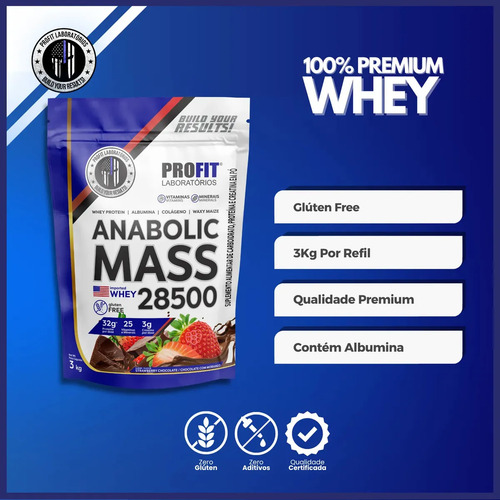 Hipercalórico Anabolic Mass 28500 3kg Profit Labs Sabor Chocolate com Morango