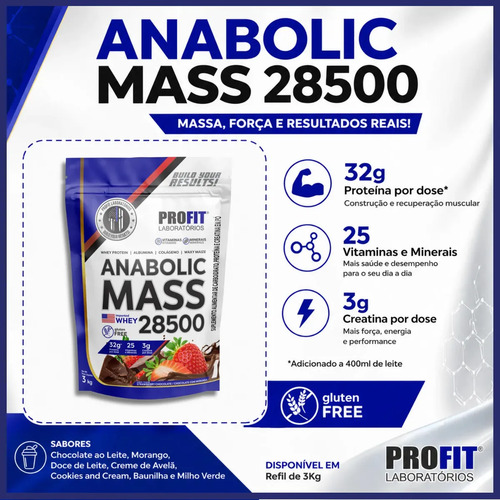 Hipercalórico Anabolic Mass 28500 3kg Profit Labs Sabor Chocolate com Morango