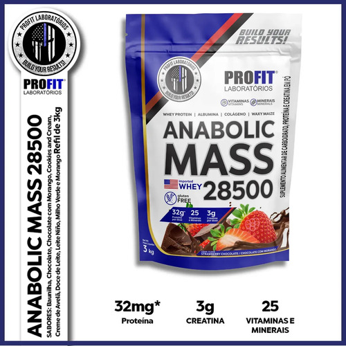 Hipercalórico Anabolic Mass 28500 3kg Profit Labs Sabor Chocolate com Morango