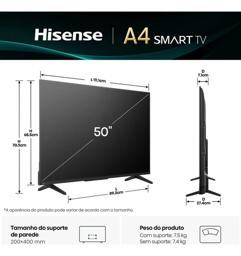 Hisense Smart TV FHD 50" Polegadas 50A4NV com HDR10, DTS Virtual X, Compatibilidade Alexa e Google Home
