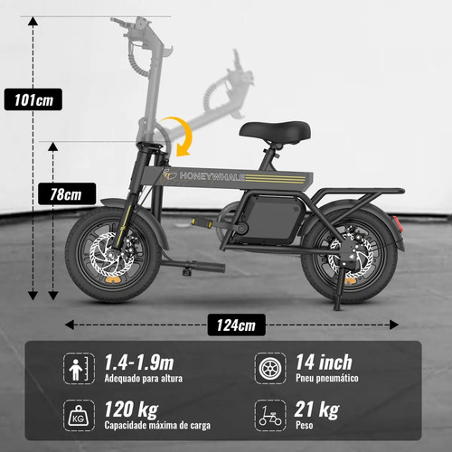 Honeywhale B20 Bicicleta Elétrica, 440w-35km-25km/h-120kg, Scooter Motor-ebike-adulto-bike-autonomia-velocidade Máxima-carga-honey Whale-fat-dobravel, 14 Aro, Freios A Disco Dianteiros E Traseiros
