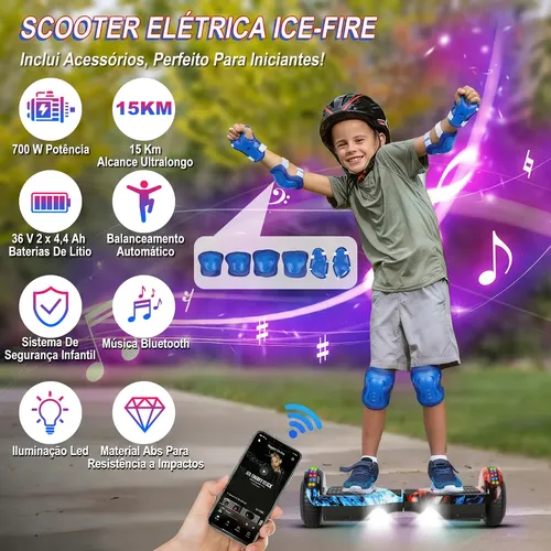 Hoverboard Elétrico Skate Kit Acessórios Com Bluetooth E Led